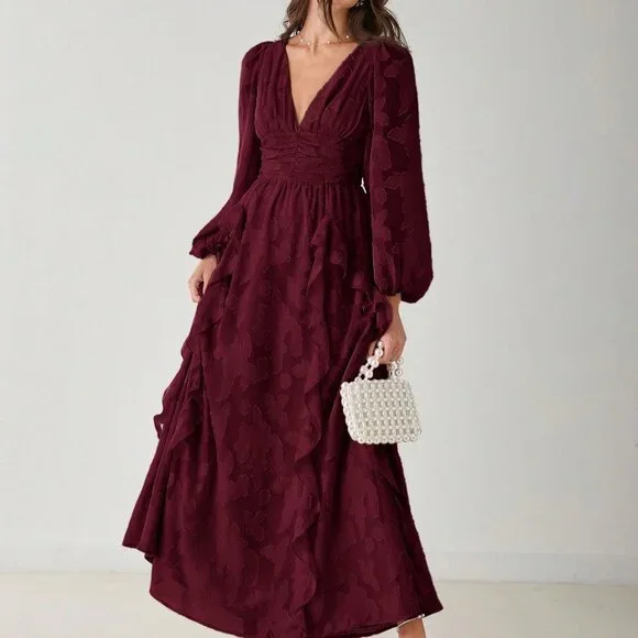 Burgundy Elegant Women's V-Neck Lantern Sleeve Flounce Hem Maxi Dress - Picture 5 of 8